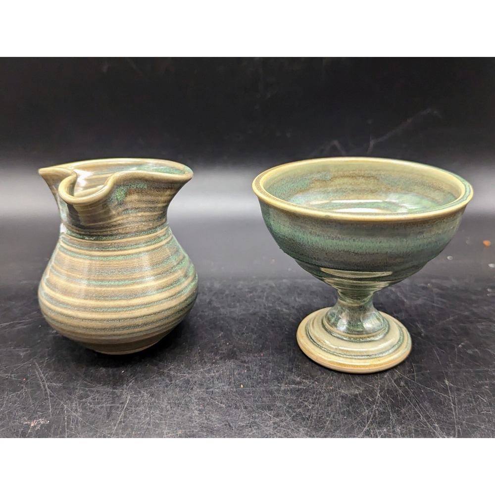 Studio Art Pottery Ceramic Cream & Open Sugar Bowl Set Green Glazed 3"